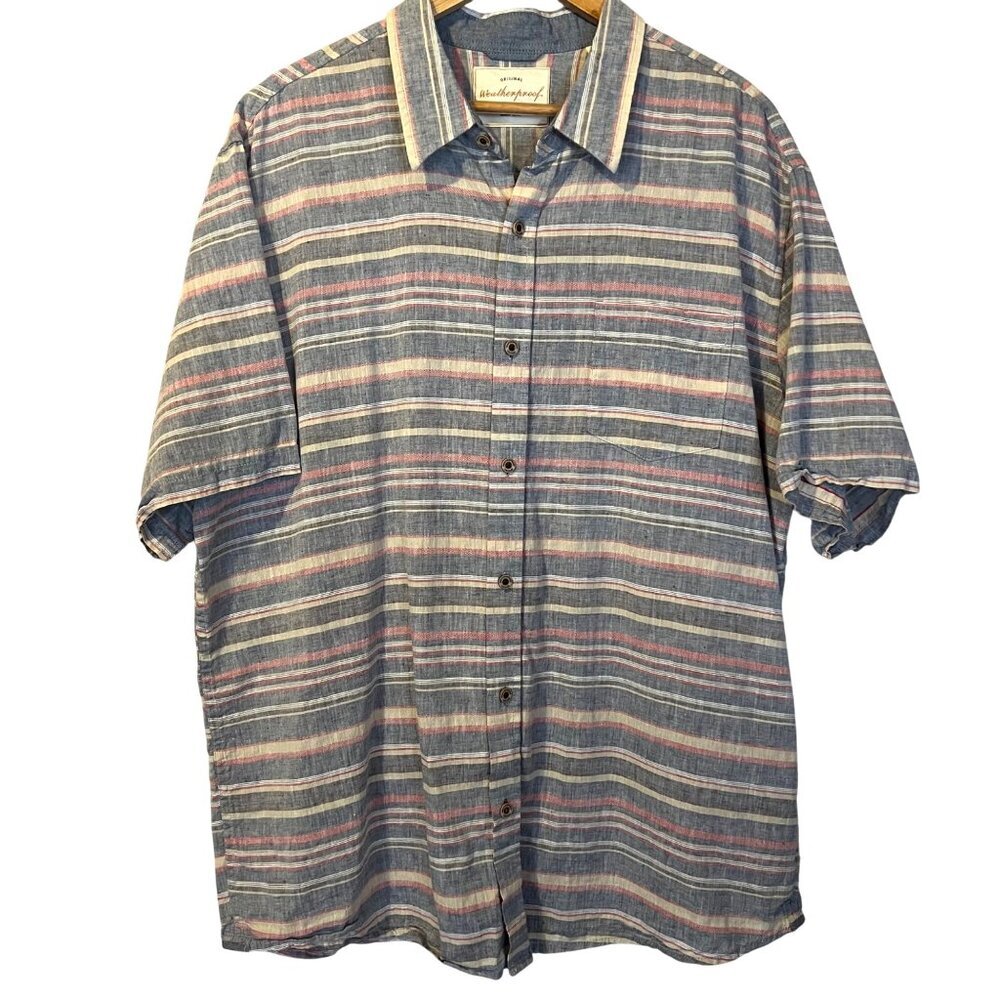 Weatherproof Vintage Short Sleeve Linen Striped Button Up Shirt XXL Coastal